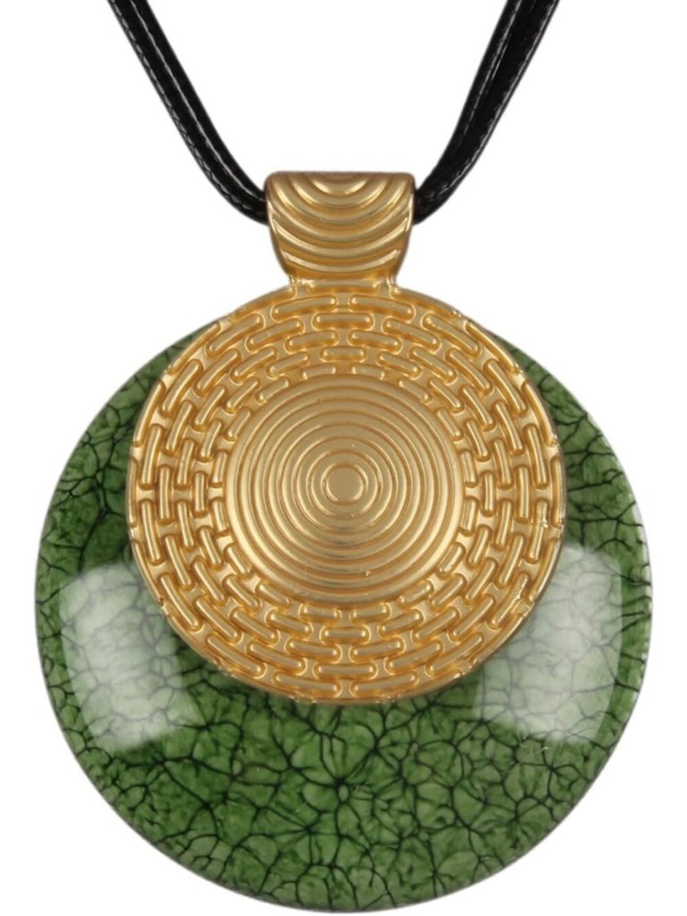 Women's Bohemian Textured Gold Round Plate Green Stone Style Choker Jewelry